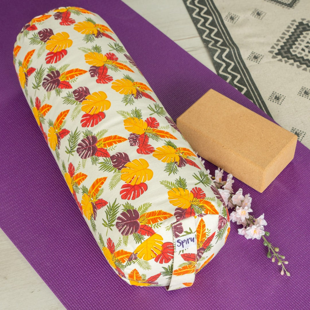 Yoga Bolster Beige Rond Katoen – Floral Print – 59 x 21,5 cm