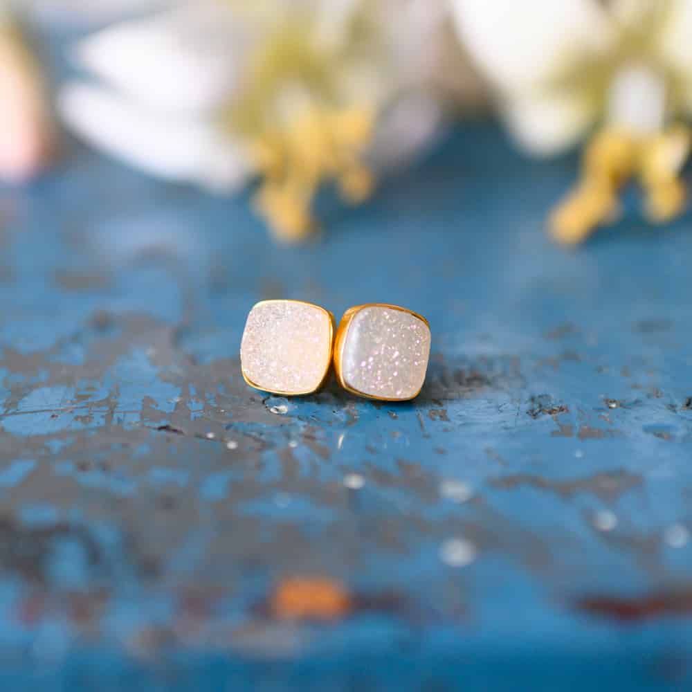 Edelsteen Oorstekers Druzy Kwarts – 925 Zilver & Verguld