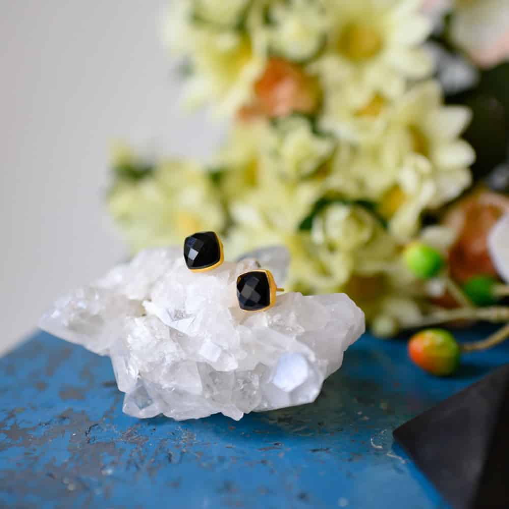 Edelsteen Oorstekers Zwarte Onyx – 925 Zilver & Verguld