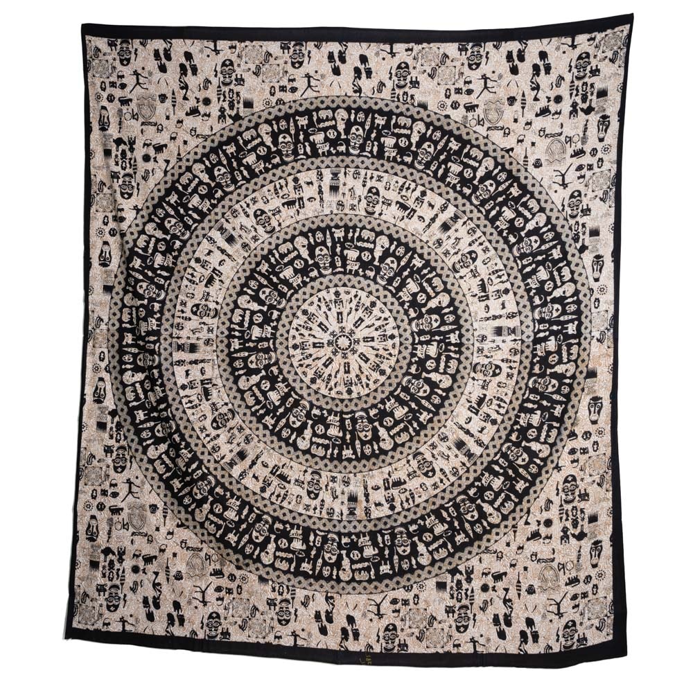 Authentiek Wandkleed Katoen met Mandala ‘Tribal’ Zwart/Wit (230 x 200 cm)