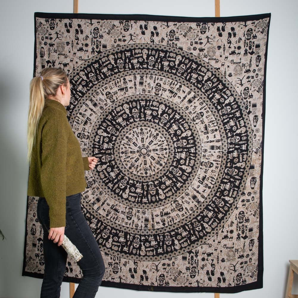 Authentiek Wandkleed Katoen met Mandala ‘Tribal’ Zwart/Wit (230 x 200 cm)