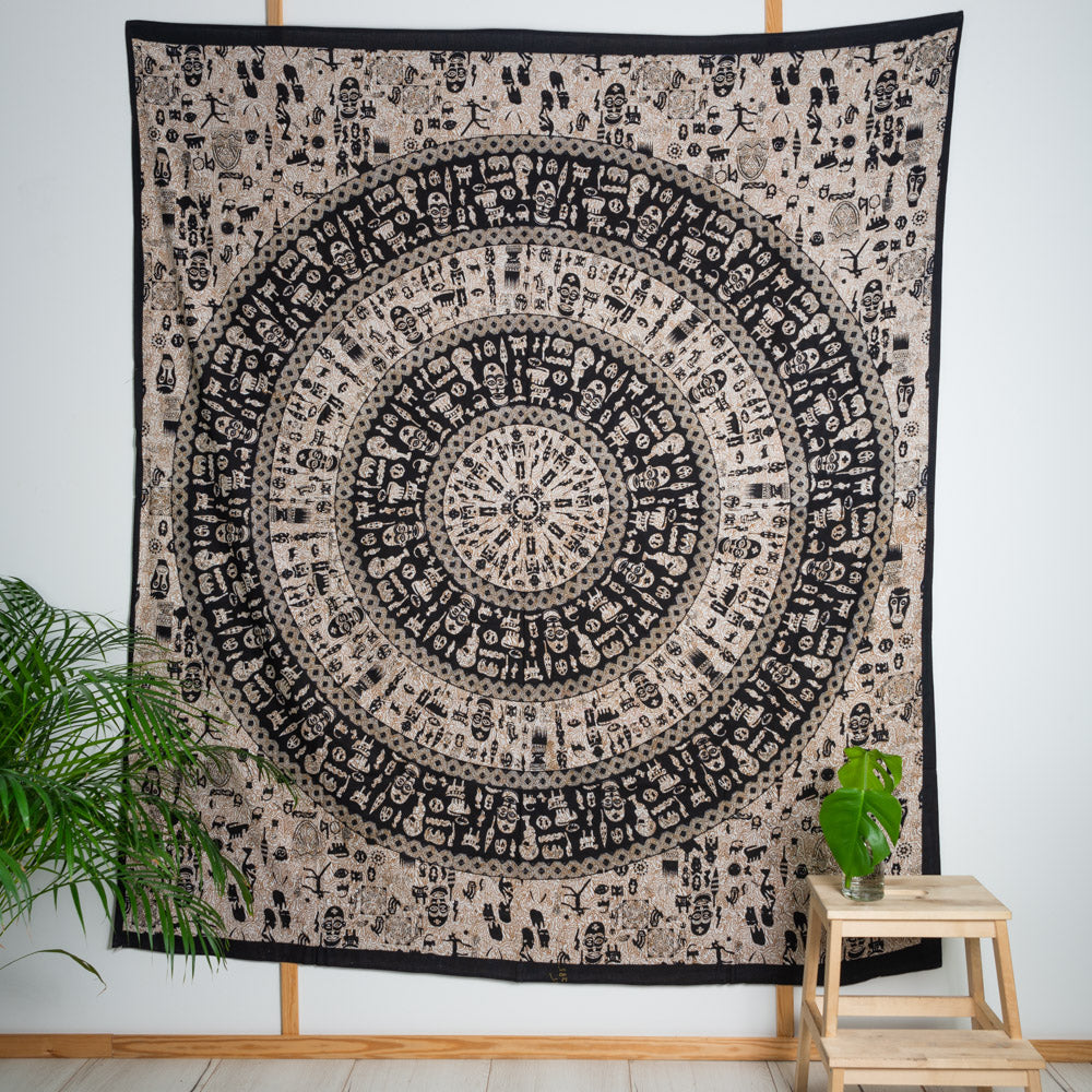 Authentiek Wandkleed Katoen met Mandala ‘Tribal’ Zwart/Wit (230 x 200 cm)
