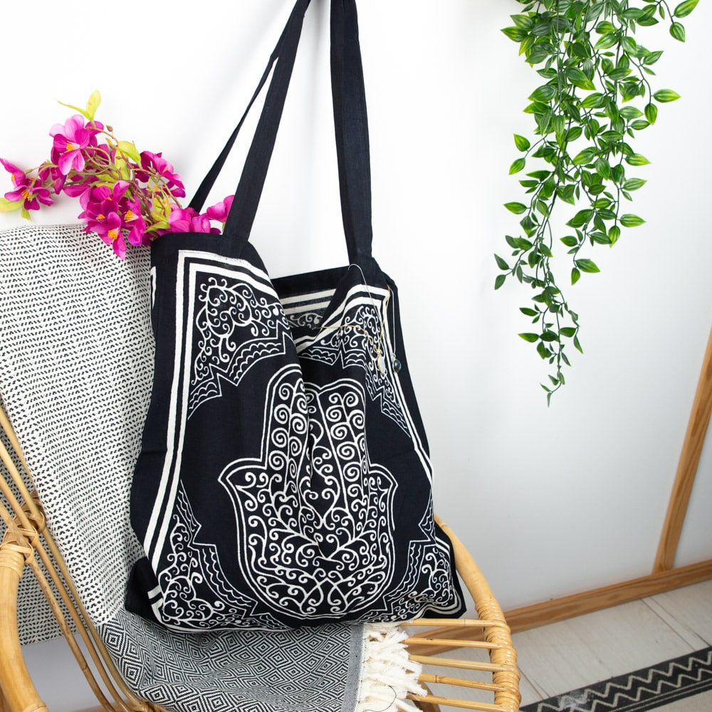 Tote Bag Katoen – Hamsa Hand Zwart/Wit (45 cm)