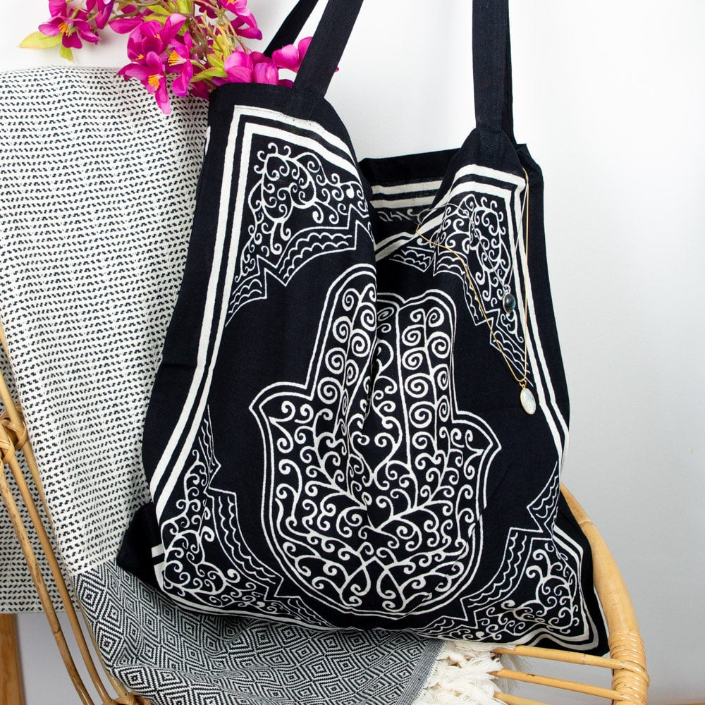 Tote Bag Katoen – Hamsa Hand Zwart/Wit (45 cm)