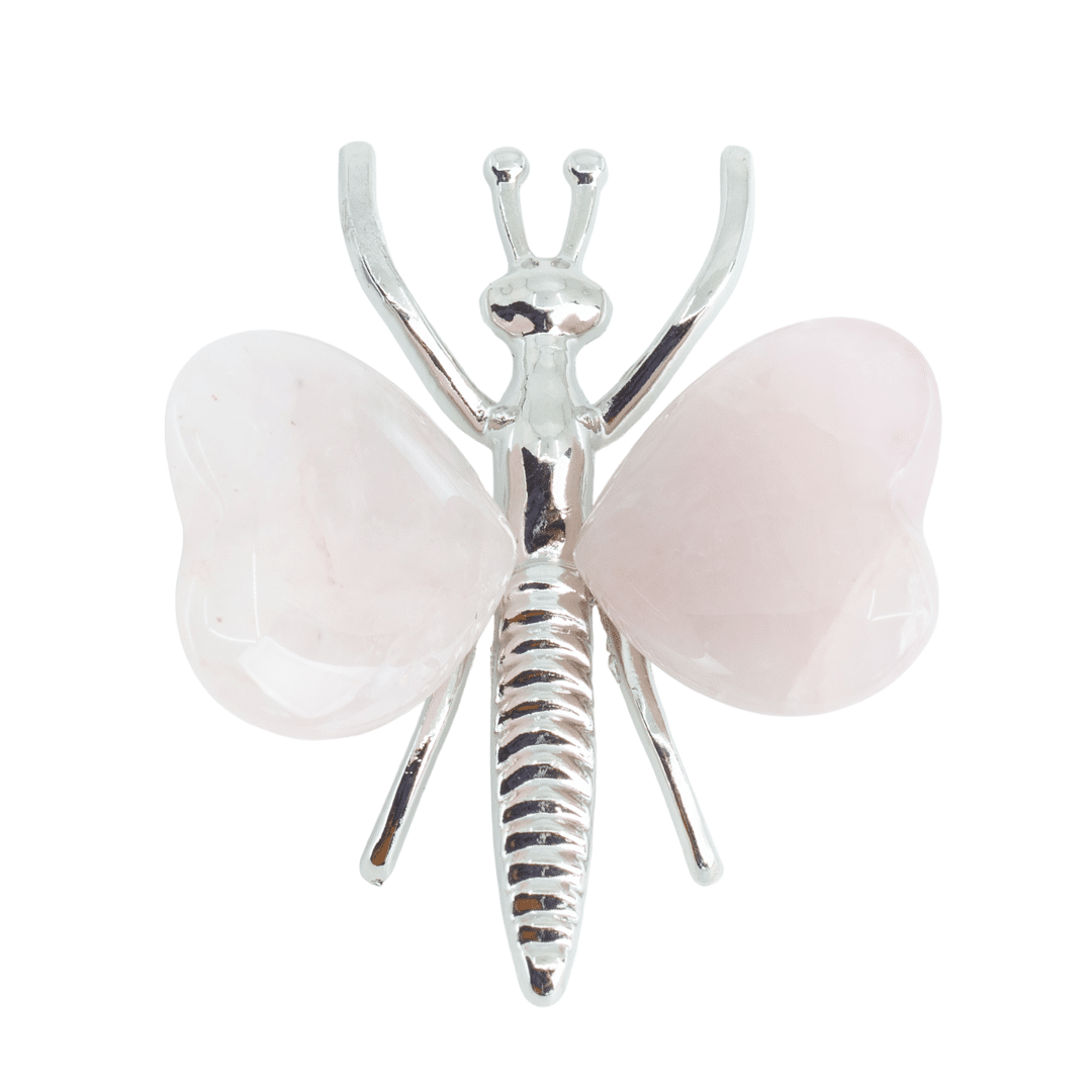 Edelsteen Rozenkwarts Vlinder  – Zilverkleurig & Hartjes (ca. 4,5 x 4 cm)