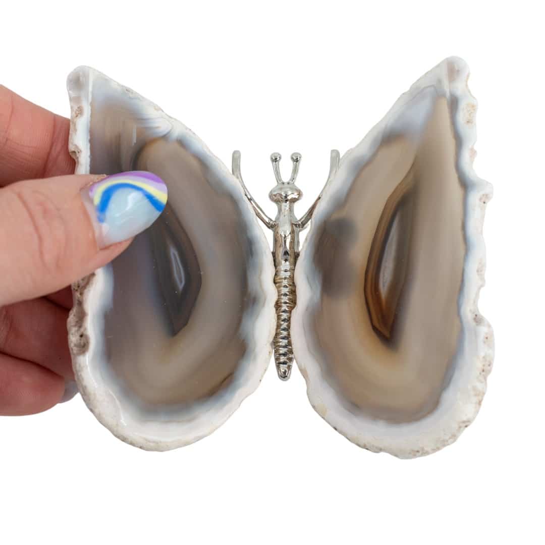 Edelsteen Grijze Agaat Vlinder  – Zilverkleurig (ca. 7 x 5 cm)
