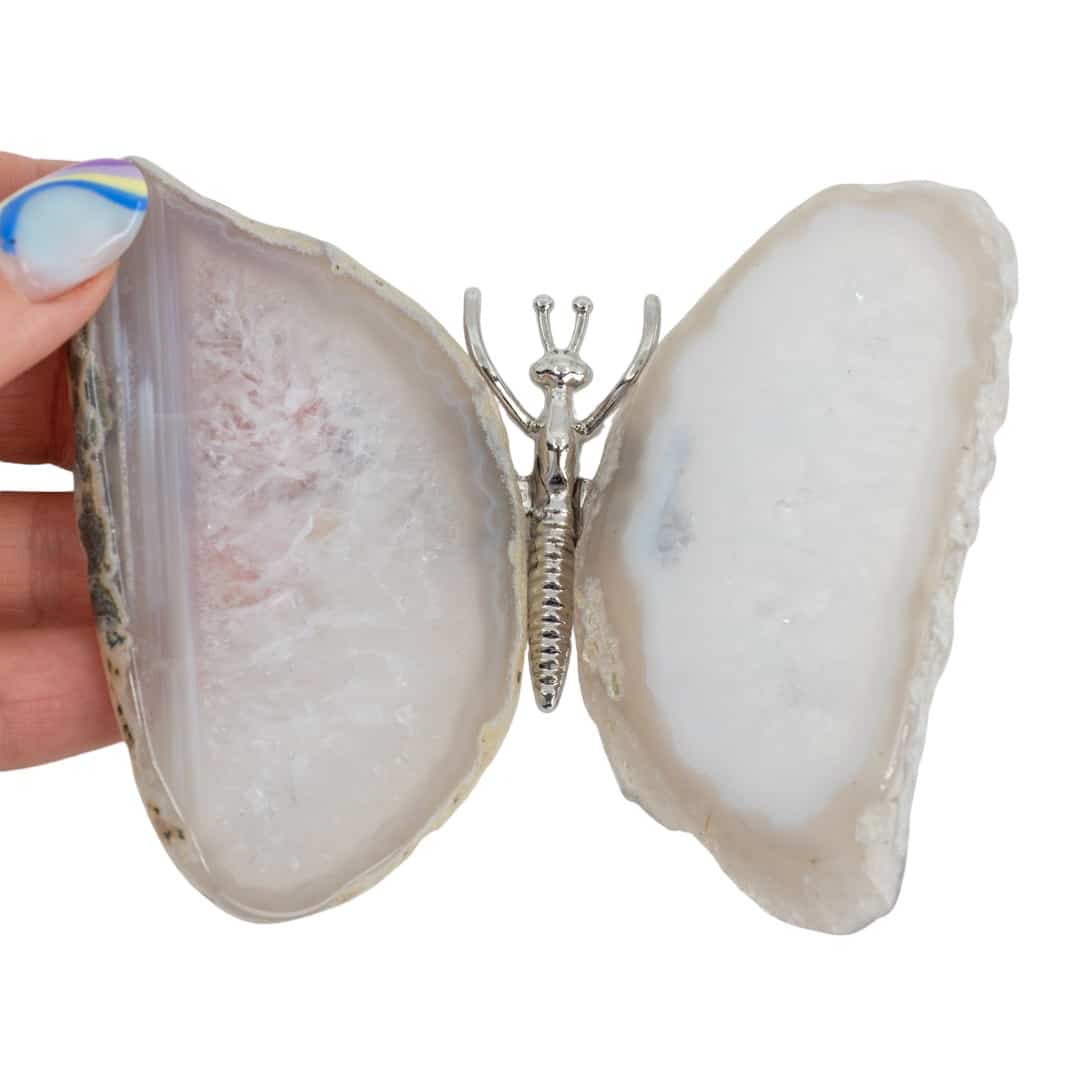 Edelsteen Grijze Agaat Vlinder  – Zilverkleurig (ca. 10 x 8 cm)