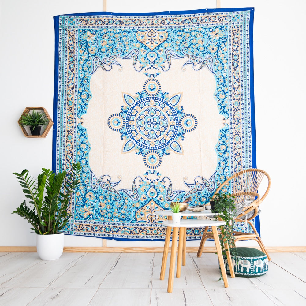 Authentiek Wandkleed Katoen Blauw Bloemen Mandala (240 x 210 cm)