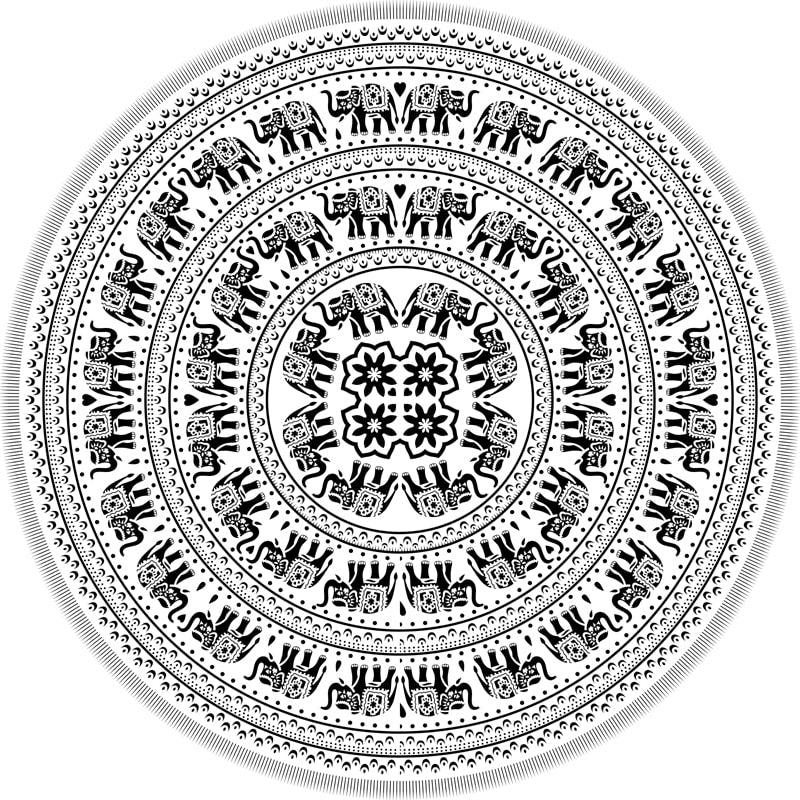 Mandala Wandkleed Rond Olifant Zwart/Wit (180 cm)