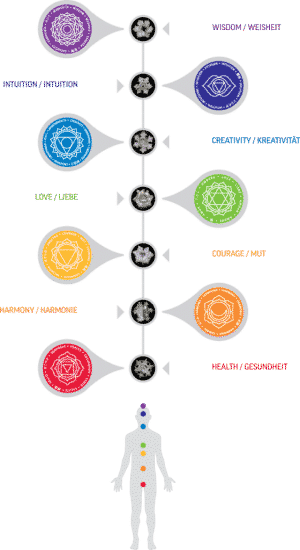 Chakra Drinkglazen (Set van 7 chakra Drinkglazen – met Chakrasymbool en Tekst)